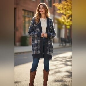 Biltmore Women's Long Sleeve Pleat Back Plaid Cardigan